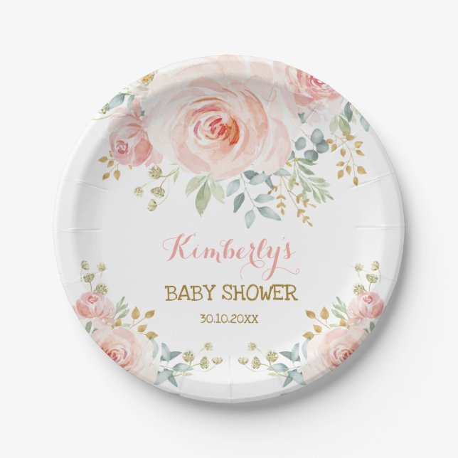 Soft Boho Blush Pink Gold Floral Baby Shower Paper Plate (Front)