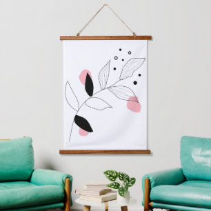 Soft Botanica – Minimalist Leaf Line Art with Pink Hanging Tapestry
