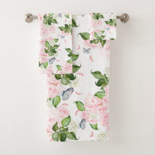 Soft Botanical Butterfly Rose Floral Watercolor Bath Towel Set