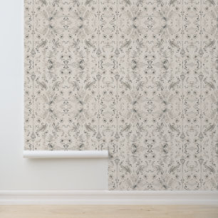 Soft Botanical Damask Wallpaper - Grey Watercolor