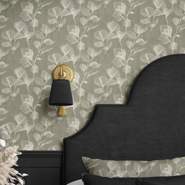Soft Botanical Leaves on Olive Grey Wallpaper (Creator Uploaded)