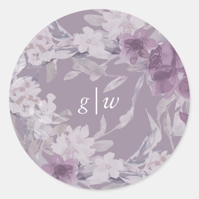 Soft Botanical Purple Floral Monogram Wedding Classic Round Sticker (Front)