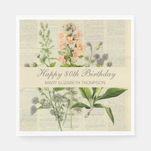 Soft Botanical Vintaqe Wildflower 80th Birthday Napkin