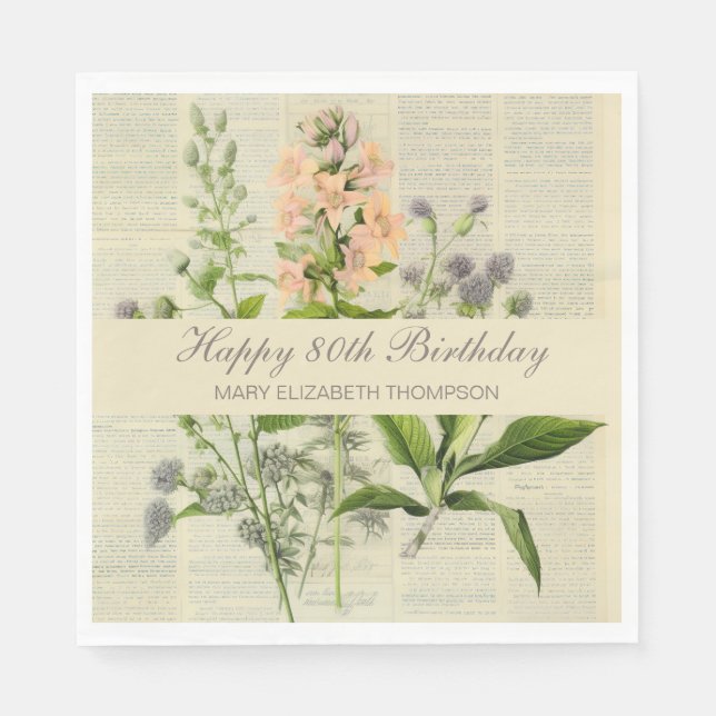 Soft Botanical Vintaqe Wildflower 80th Birthday Napkin (Front)