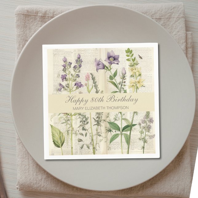 Soft Botanical Vintaqe Wildflower 80th Birthday Napkin (Creator Uploaded)