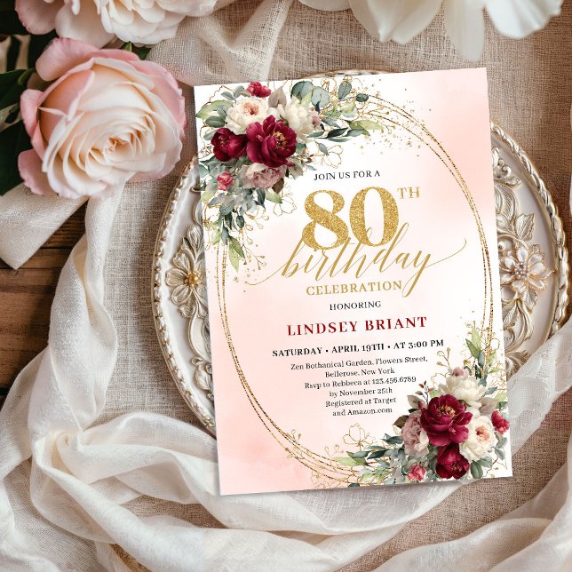 Soft Burgundy Bohemian Floral 80th Birthday Invite (Soft Burgundy Bohemian Floral 80th Birthday Invitation)