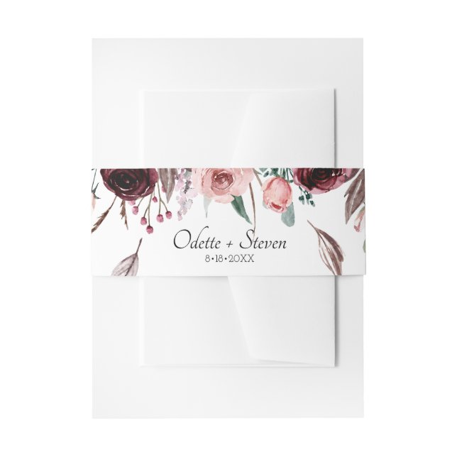 Soft Burgundy Flowers Elegant Wedding Invitation Belly Band (Front Example)