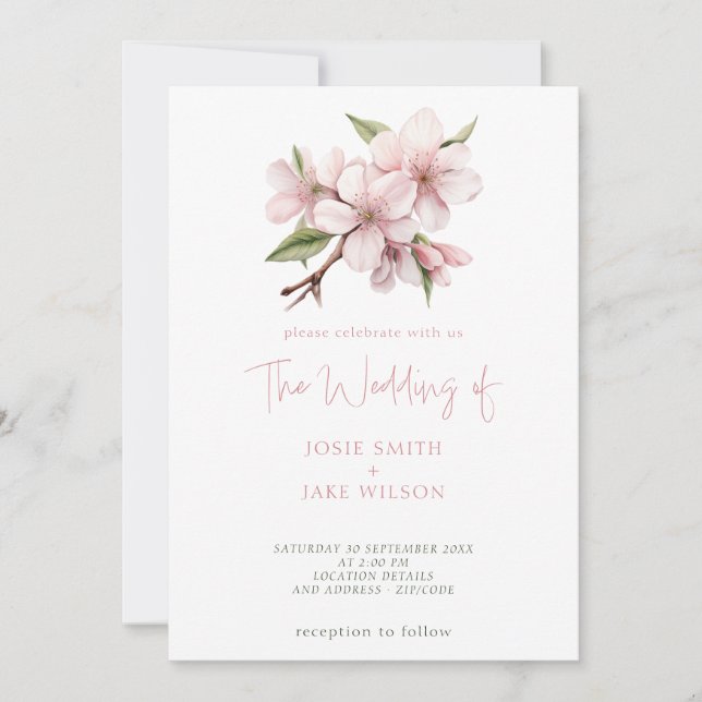 Soft cherry blossom header wedding invitation (Front)