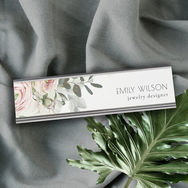 Soft Chic Blush Pink Peony Leafy Botanical Floral Desk Name Plate (Creator Uploaded)