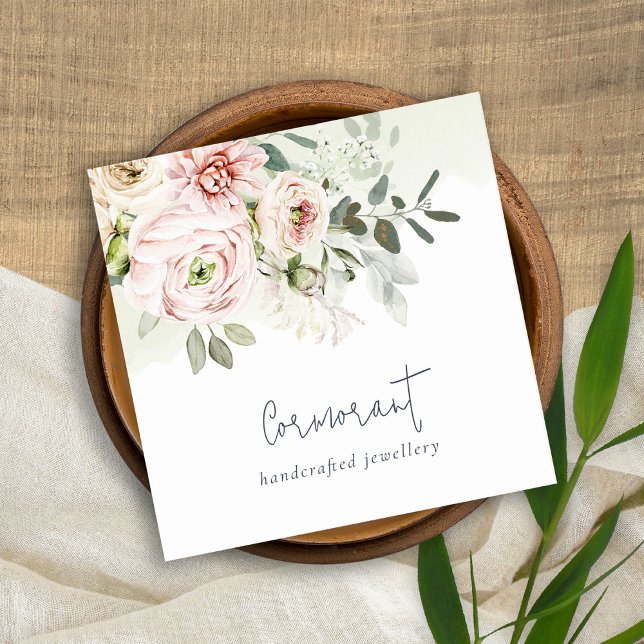 Soft Chic Blush Pink Peony Leafy Botanical Floral Square Business Card (Creator Uploaded)