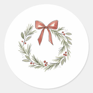 Soft Christmas Wreath with Pink Bow Watercolor Classic Round Sticker