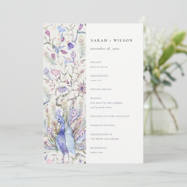 Soft Classy Ornate Floral Peacock Wedding Program (Standing Front)