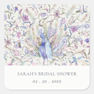 Soft Classy Watercolor Peacock Flora Bridal Shower Square Sticker