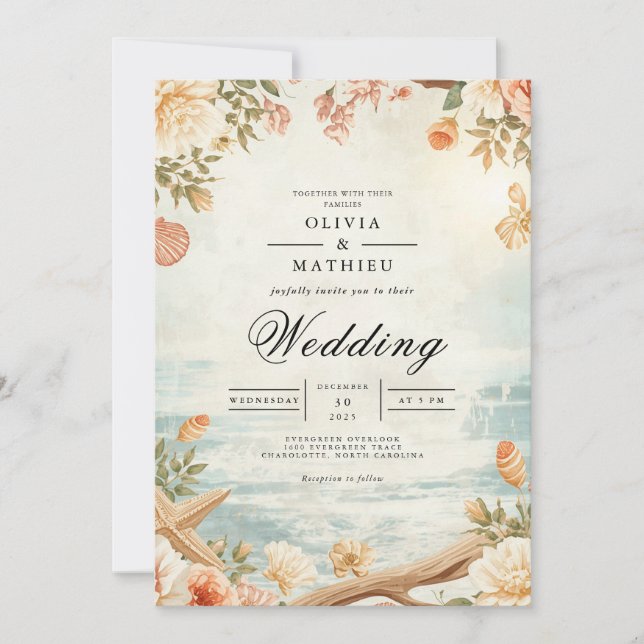 Soft Coastal Blossom Floral Wedding Invitation (Front)