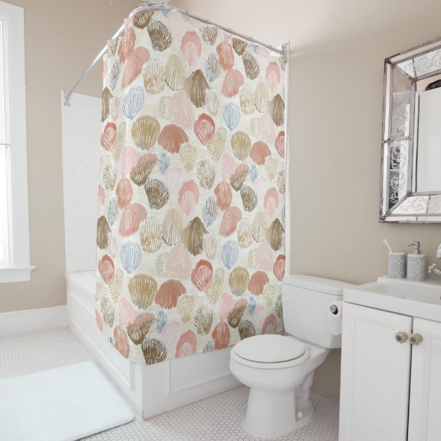 Soft Coastal Seashell Beach Pattern Shower Curtain (In Situ)