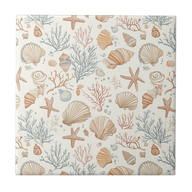 Soft Coastal Seashells & Coral Botanical Ceramic Tile (Front)
