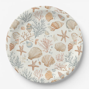 Soft Coastal Seashells & Coral Botanical Paper Plate