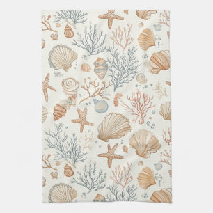 Soft Coastal Seashells & Coral Botanical Tea Towel