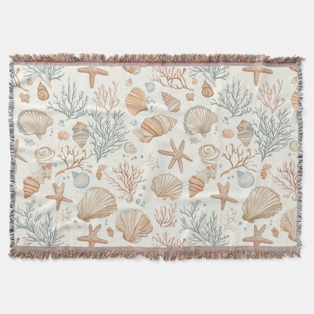 Soft Coastal Seashells & Coral Botanical Throw Blanket (Front)