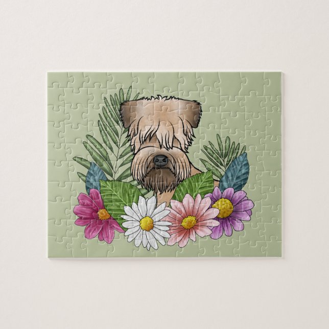 Soft-Coated Wheaten Terrier Colourful Flowers Gree Jigsaw Puzzle (Horizontal)