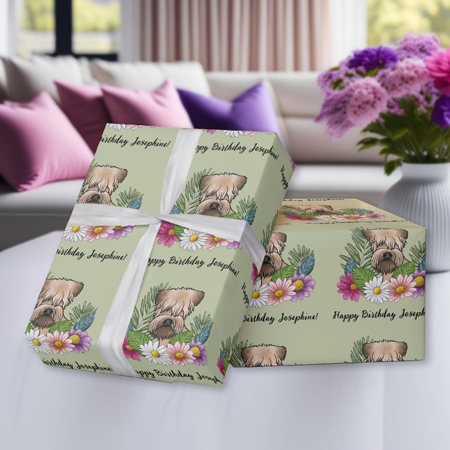 Soft-Coated Wheaten Terrier Flowers Birthday Green Wrapping Paper (Creator Uploaded)