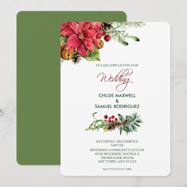 Soft Colour Christmas Poinsettia Bells Invitation (Front/Back)