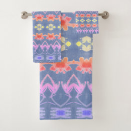 Soft Coloured Pattern With Blue Bath Towel Set