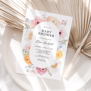 Soft Colourful Pastel Floral Frame Baby Shower Invitation