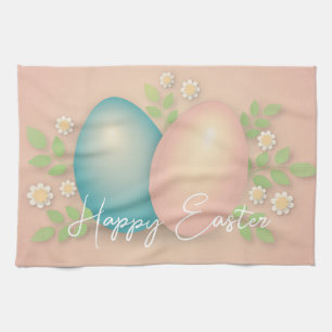 Soft colours easter egg and spring daisy flowers  tea towel