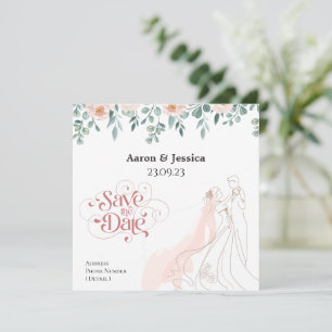 Soft Colours Floral Bride and Groom Illustration Save The Date