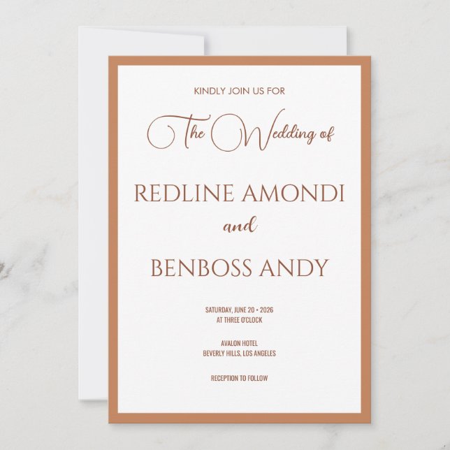 Soft Copper Minimalist Modern Calligraphy Wedding Invitation (Front)