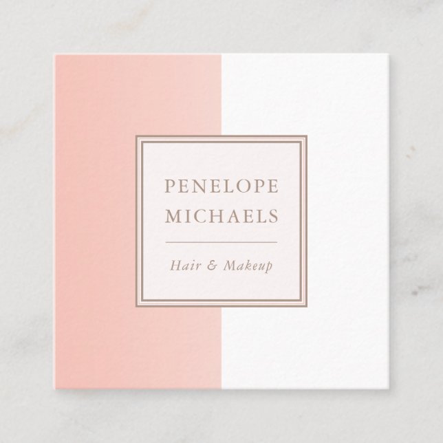 Soft Coral and White Colour Block Square Business Card (Front)