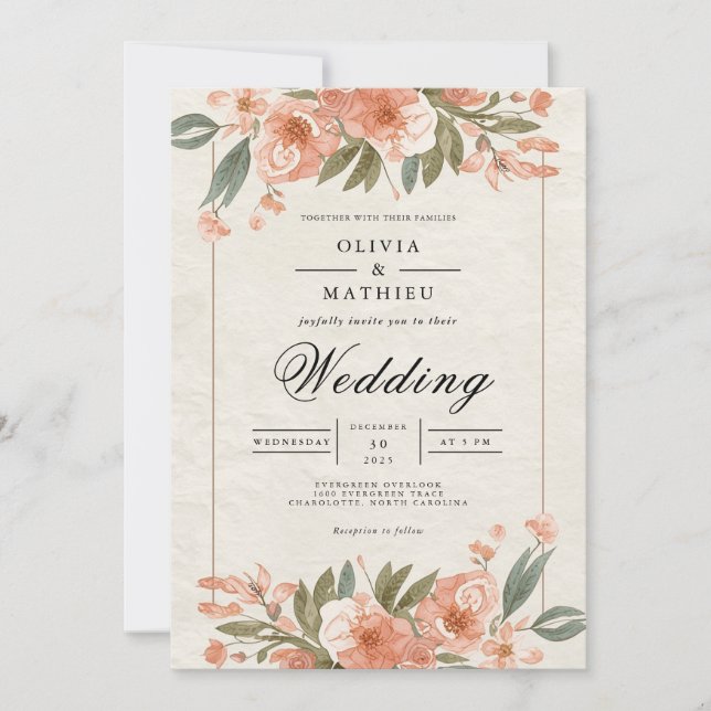 Soft Coral Bloom Archway Wedding Invitation (Front)