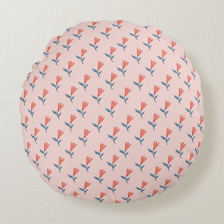 Soft Coral Blooms and Blue Leaves Pattern Round Cushion