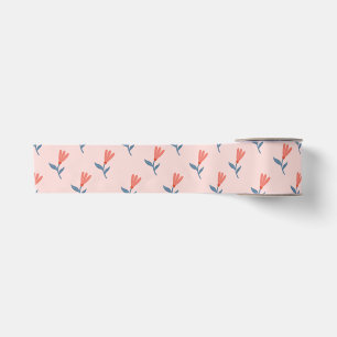 Soft Coral Blooms and Blue Leaves Pattern Satin Ribbon