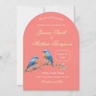 Soft Coral Bluebirds and Golden Script Wedding Invitation