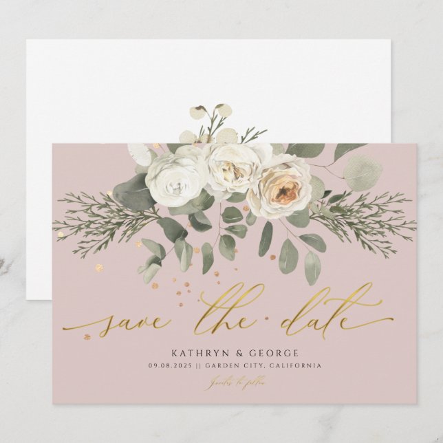 Soft Coral Floral Botanical Greenery Wedding Save  The Date (Front/Back)