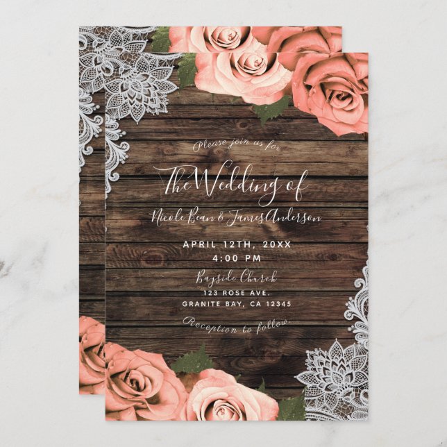 Soft Coral Floral Roses Rustic Wood Lace Wedding Invitation (Front/Back)