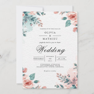 Soft Coral Floral Watercolor Wedding Invitation