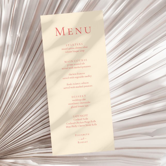 Soft Coral Modern Minimalist Wedding Menu Card (Soft Coral Modern Minimalist Wedding Menu Card on a sunny neutral dry palm leaf.)