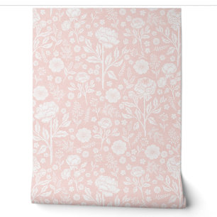 Soft Coral Pink Peonies Hand-Drawn Cottage Floral Wallpaper