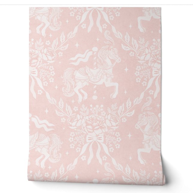 Soft Coral Rococo Carousel Horses & Florals Wallpaper (Unrolling)