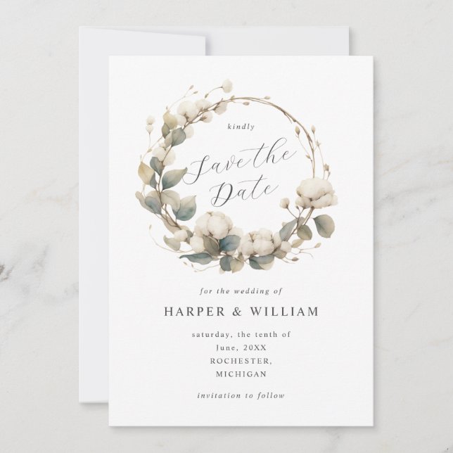 soft cotton & eucalyptus boho wreath save the date invitation (Front)