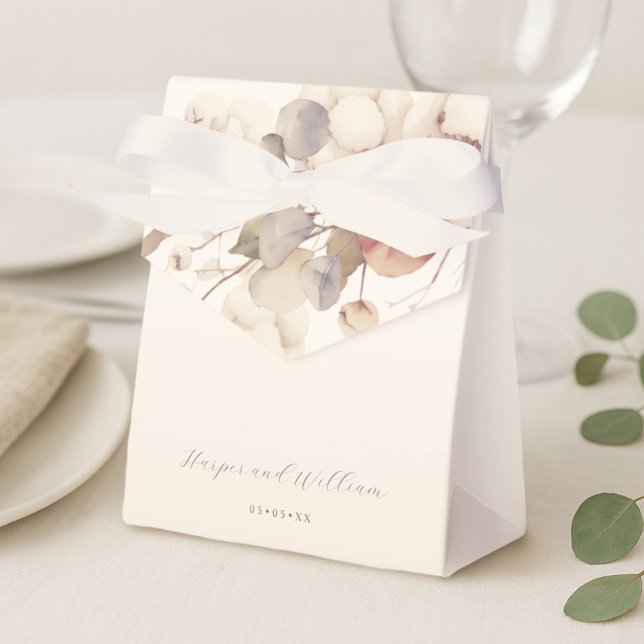 Soft cotton & eucalyptus wedding favour box (Soft cotton and eucalyptus wedding gift bag. Perfect for off-white weddings)