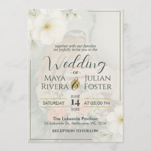 Soft Cream Floral Overlay Photo Elegant Wedding Invitation