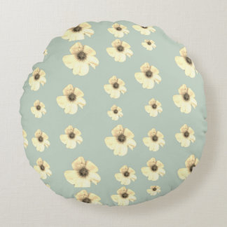 Soft Cream Floral Sage Green Round Throw Pillow