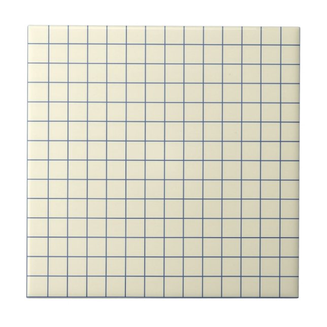 Soft Cream & Navy Blue Chequered Pattern Retro Ceramic Tile (Front)
