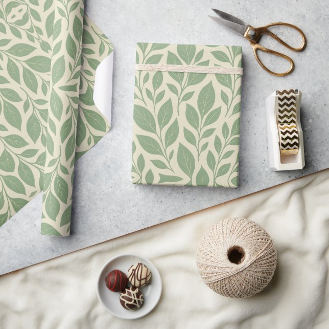 Soft Cream & Sage Botanical Leaf  Wrapping Paper (Crafts)