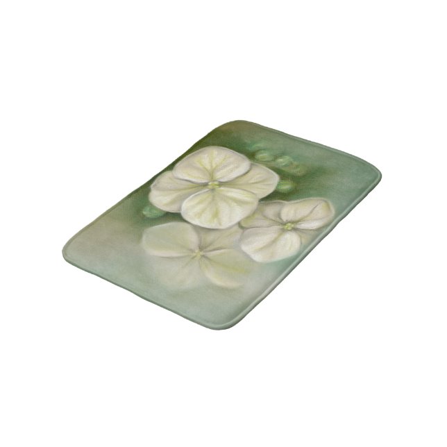Soft Cream White Pastel Hydrangea Floral Bath Mat (Angled)