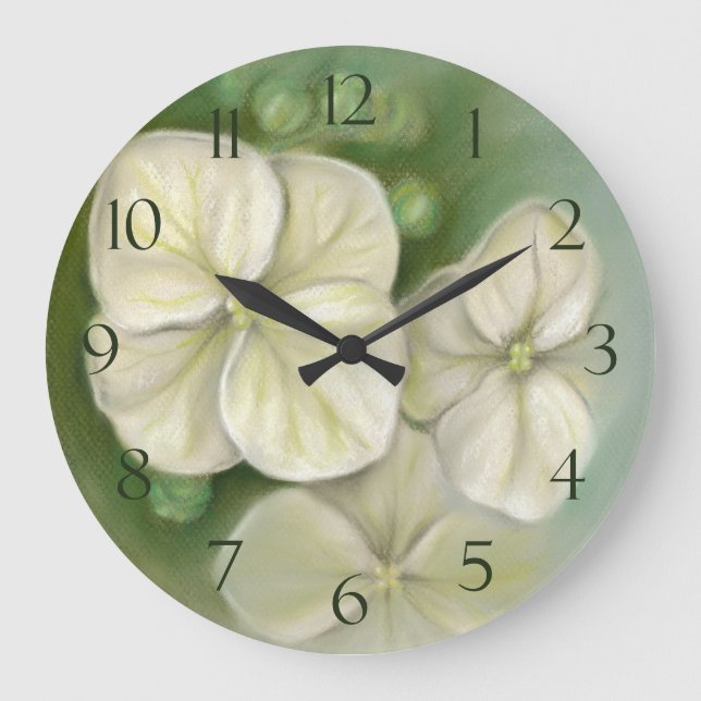 Soft Cream White Pastel Hydrangea Floral Large Clock (Front)